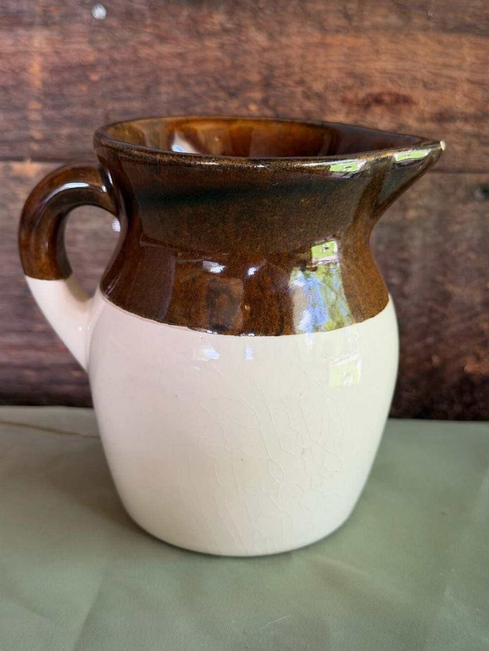 Vintage R.R.P. Co. Roseville Two-Tone Cream and Brown Stoneware Pitcher